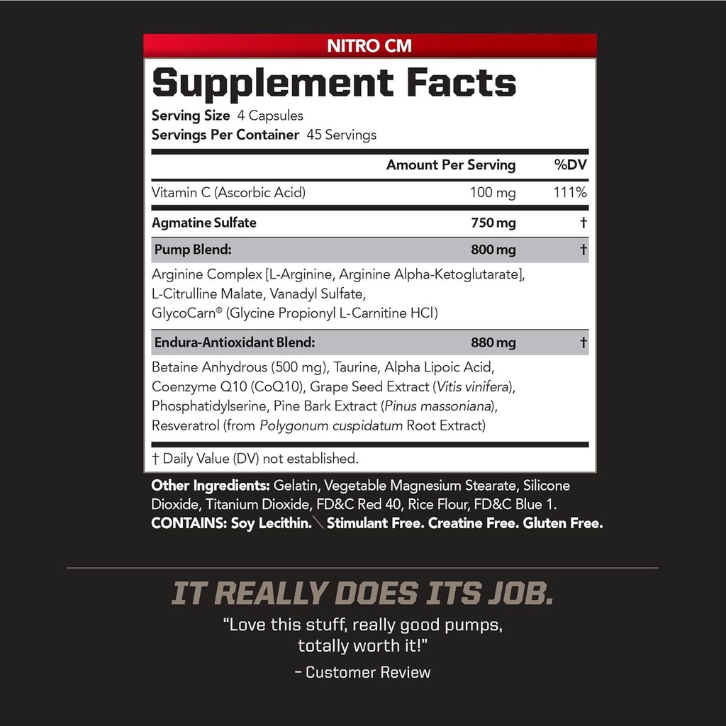 PMD Sports Nitro CM Nitric Oxide with Agmatine Pre Workout Supplement - Muscle Growth and Muscle Pump with L Arginine - Endurance Boost for Hardcore Training and Bodybuilding Preworkout (180 Capsules) 3