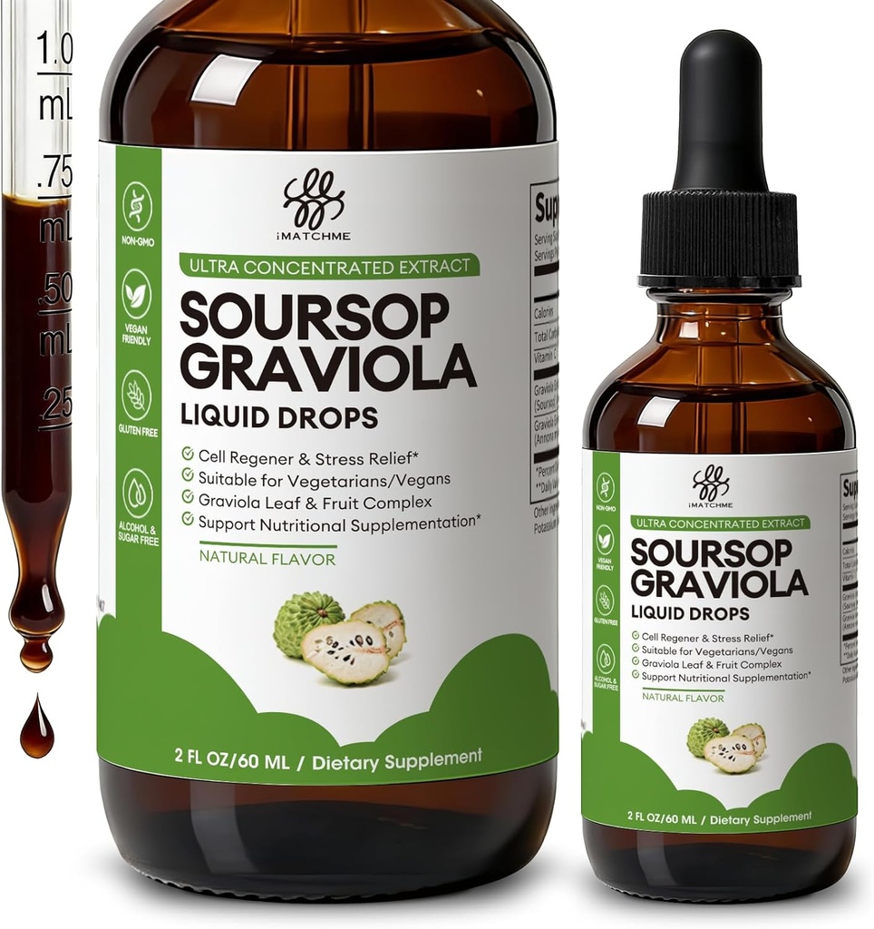 iMATCHME Soursop Graviola Liquid Drop for Cell Support & Regeneration, Immune System and Gut Health Support, Pure Soursop Bitters Liquid, High Absorption, Sugar/Gluten Free, Natural Flavor, 2 Fl Oz 2