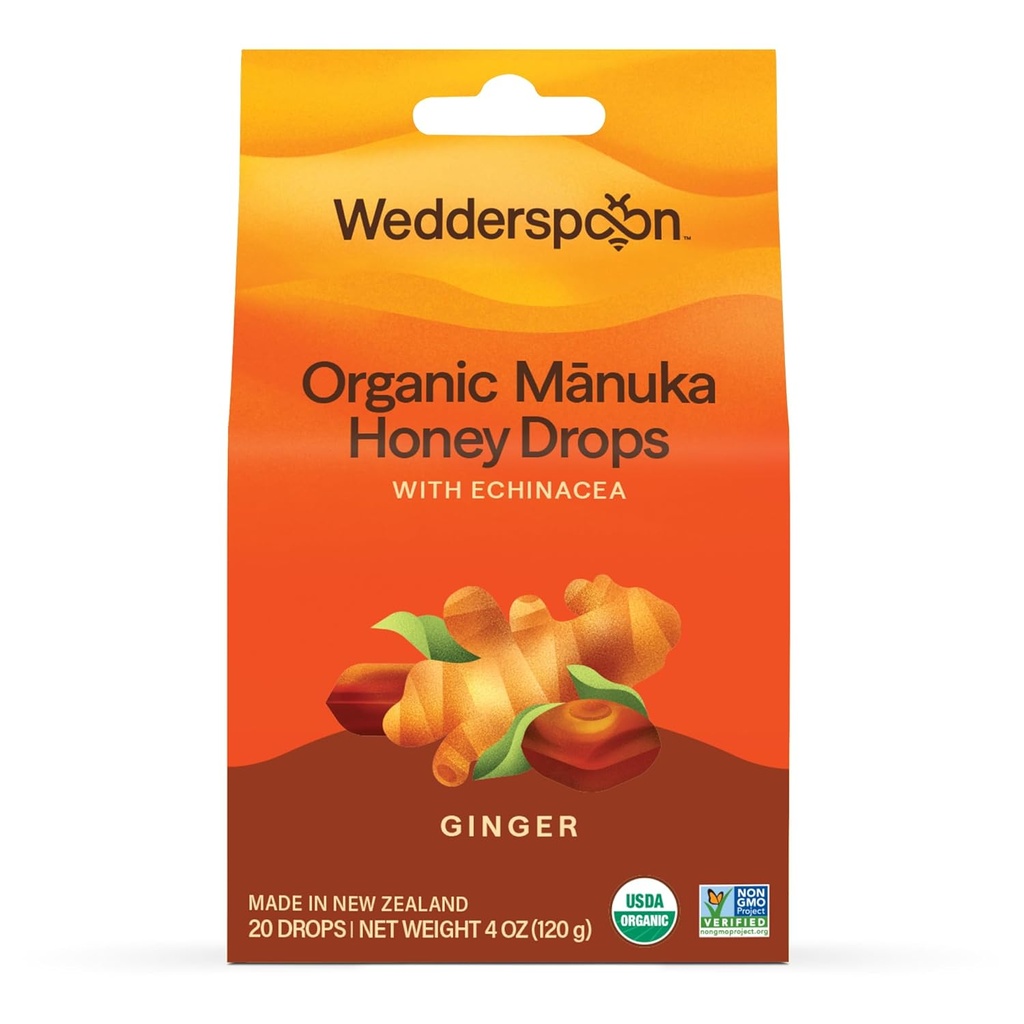 Wedderspoon Organic Manuka Honey Drops, Ginger & Echinacea, 20 Count (Pack of 1) | Genuine New Zealand Honey | Perfect Remedy For Dry Throats 2
