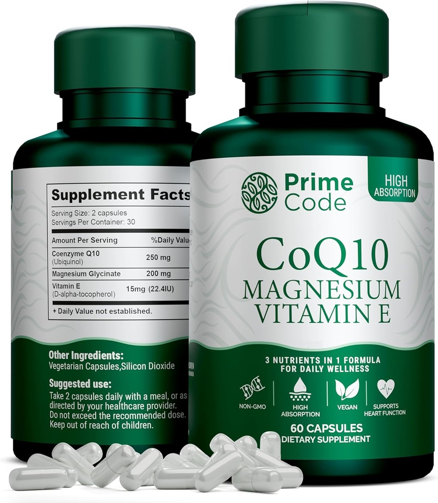 Prime Code [ 3 𝐢𝐧 𝟏] CoQ10 250mg with Magnesium Glycinate and Vitamin E | CoQ10 Capsules 250mg | Magnesium Glycinate 200mg | Vitamin E 15mg | Non-GMO | Gluten & Soy Free | Vegan 2