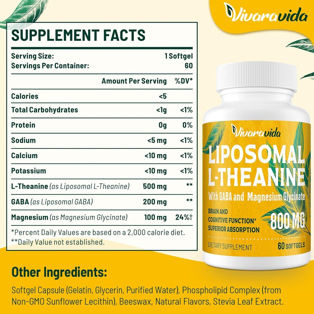 L-Theanine 800mg Supplement with GABA and Magnesium Glycinate - Natural Compound, Sleep and Relaxation (120 Softgels) 3