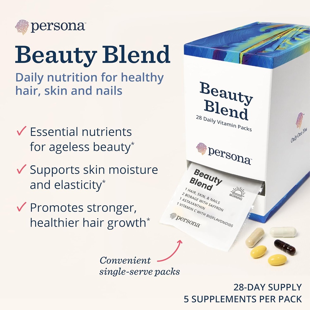 Persona Nutrition Beauty Blend Vitamin Pack for Hair, Skin & Nails (28 Pack) – Includes Hyaluronic Acid, Collagen, Borage with Saffron & Vitamin C 3