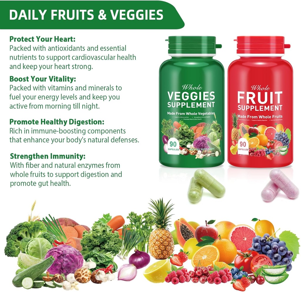 Fruit and Veggies Supplement Ingredients Natural – 90 Fruit and 90 Veggie Capsules - Fresh Superfood Formula with Vitamins and Minerals, Supports Energy Levels 3