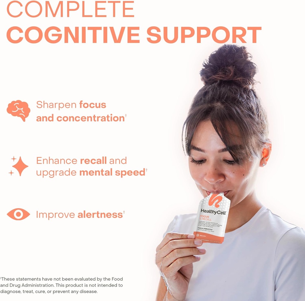 Healthycell Focus & Recall, Daily Liquid Brain Supplement for Focus & Memory - Nootropics Supplement for Concentration & Alertness with L-Theanine, Omega-3 & Taurine - 30 Gel Packs 3