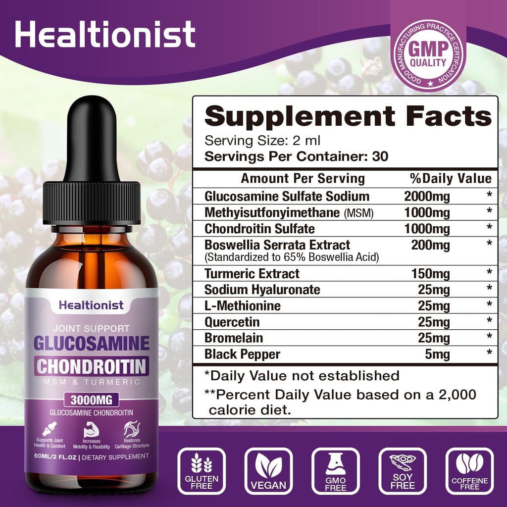 1 Pack Glucosamine Chondroitin MSM Liquid Drops, Extra Strength Joint Support Supplement for Adults Men & Women, Quercetin Boswelia, Bromelain, Antioxidant Immune Support (2 Fl oz) 3