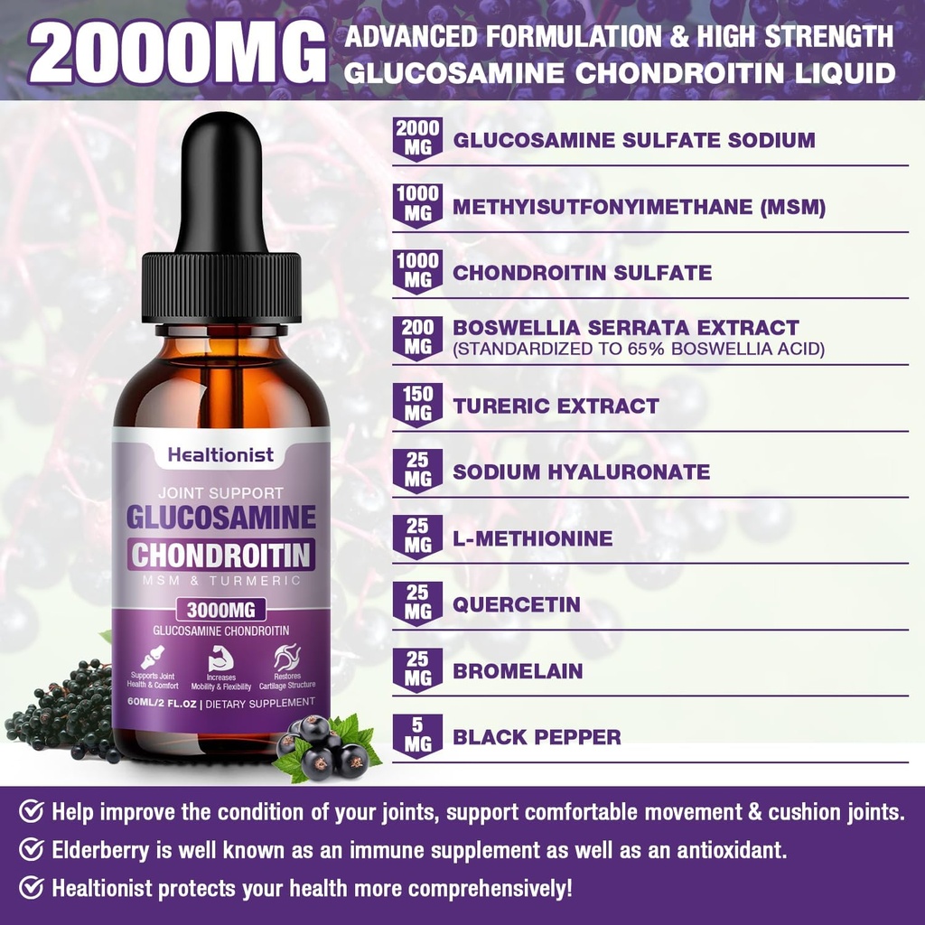 1 Pack Glucosamine Chondroitin MSM Liquid Drops, Extra Strength Joint Support Supplement for Adults Men & Women, Quercetin Boswelia, Bromelain, Antioxidant Immune Support (2 Fl oz) 4