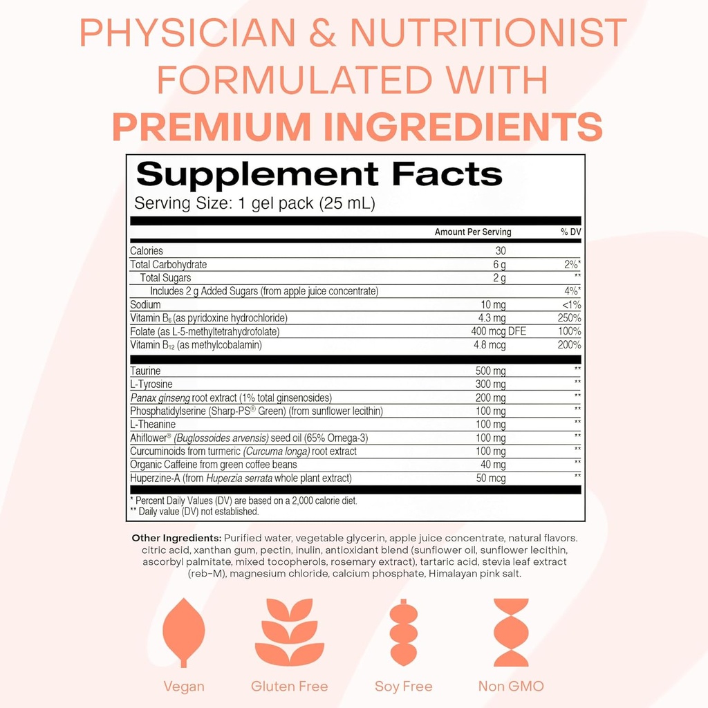 Healthycell Focus & Recall, Daily Liquid Brain Supplement for Focus & Memory - Nootropics Supplement for Concentration & Alertness with L-Theanine, Omega-3 & Taurine - 30 Gel Packs 6