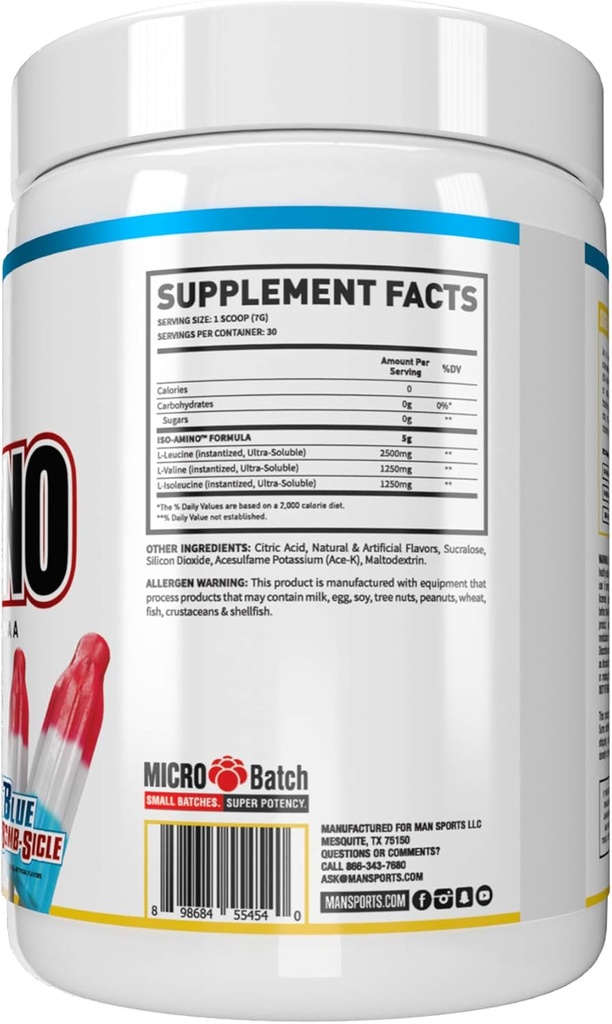 Man Sports ISO-Amino BCAA Amino Acid Powder, Blue Bomb-Sicle, 30 Servings, 210 Grams 4