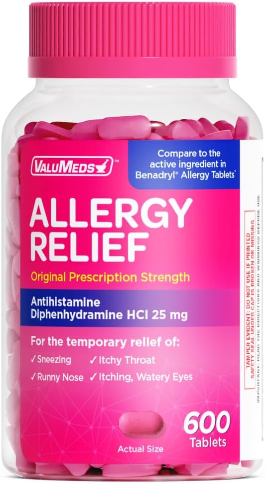 ValuMeds Allergy Medicine Antihistamine, Diphenhydramine HCl 25 mg | Children and Adults | Relieve Itchy Eyes, Runny Nose, Sneezing (25 mg, 600) 2