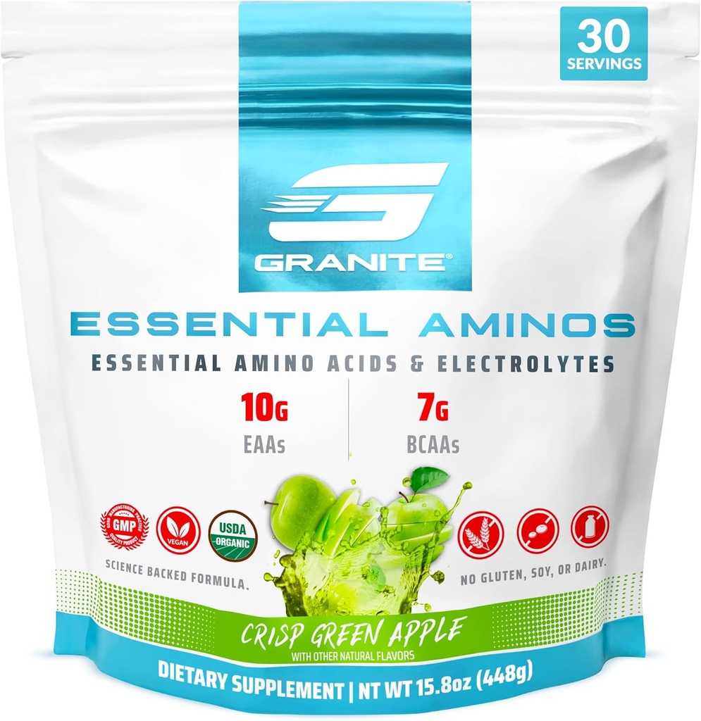 Granite Essential Amino Acids Powder, Green Apple Flavor, with 10g EAAs and 7g BCAAs, Supports Muscle Recovery & Growth, Soy-Free, Gluten-Free (30 Servings) 2