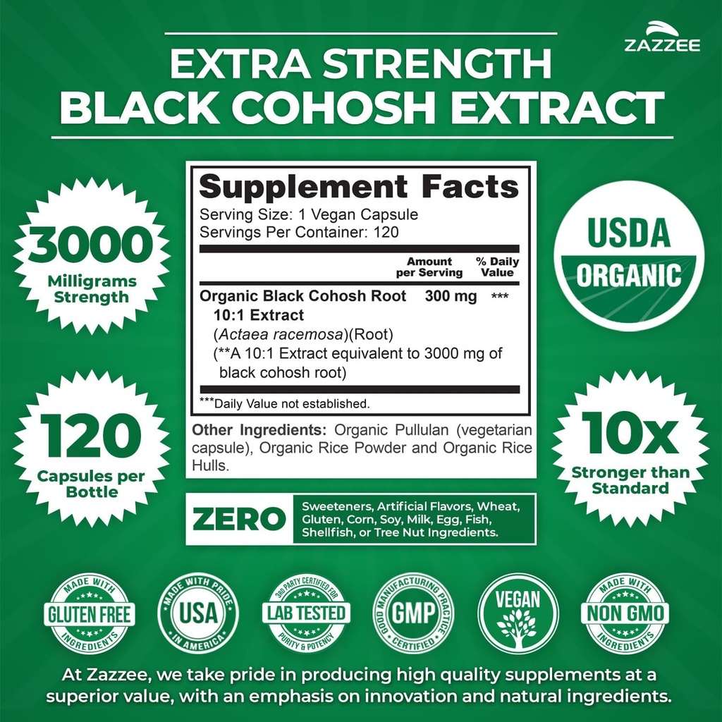 Zazzee USDA Organic Black Cohosh 10:1 Extract, 3000 mg Strength, 120 Vegan Capsules, 4 Month Supply, Standardized and Concentrated 10X Extract, 100% Vegetarian, All-Natural, Non-GMO, Made in The USA 4