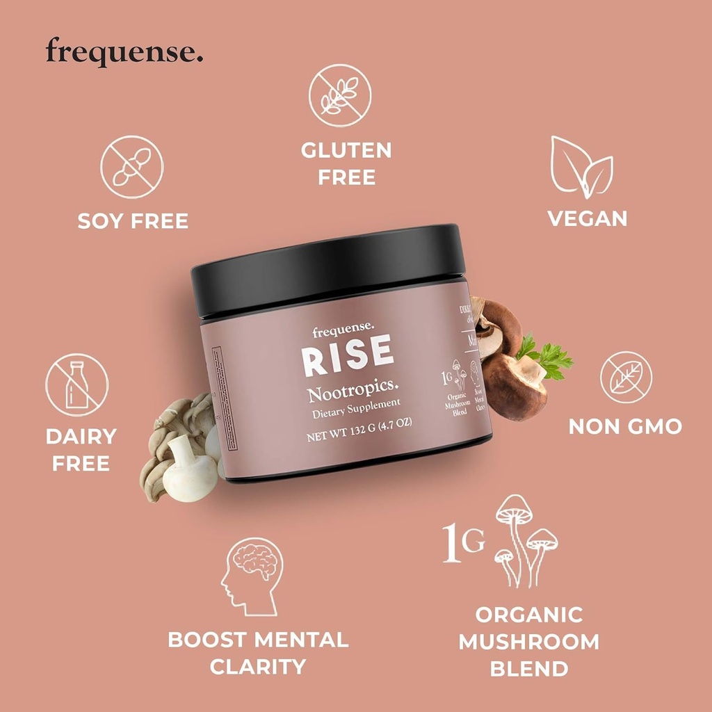 FREQUENSE - Rise Nootropic Tub - Mango Lemonade Flavor - Supports Brain Performance & Clarity - with Mushrooms, B Vitamins & Green Coffee - 132g 6