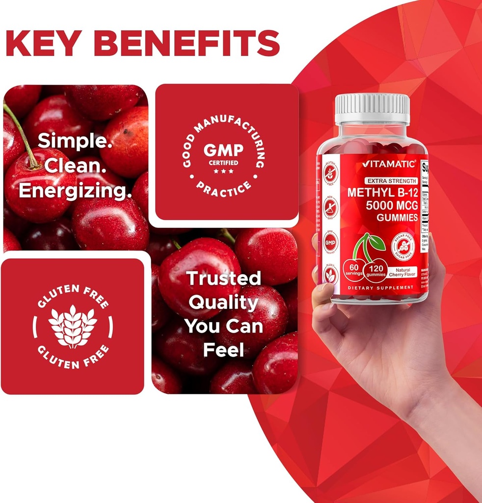 Vitamatic 2 Packs Extra Strength Vitamin B12 5000 mcg (Methyl B12) Gummies - 120 Count - Energy Metabolism Support and Nervous System Health Support, Natural Cherry Flavored 5
