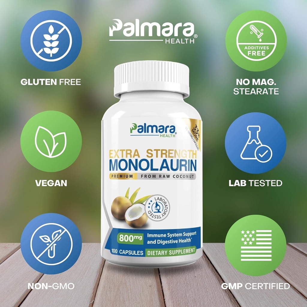 Palmara Health Extra Strength Monolaurin 1,600mg per Serving, 800mg per Capsule 6
