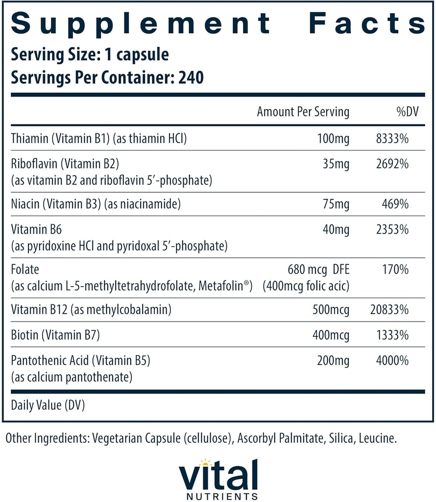 Vital Nutrients Vitamin B-Complex | Vegan High-Potency Methylated B Complex Vitamins | B Vitamins Support Energy Production, Metabolism, and Heart Health* | Gluten, Dairy, Soy Free | 240 Capsules 3