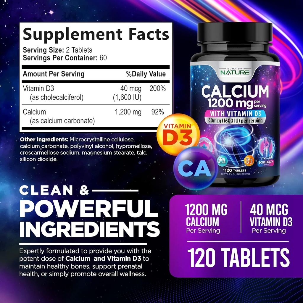 Calcium 1200mg with Vitamin D3 for Best Absorption - Advanced Bone Support Supplement, 1200 mg Calcium Carbonate & 1600 IU Vitamin D3, Slow Release for Immune Support, Easy to Swallow, 120 Tablets 3