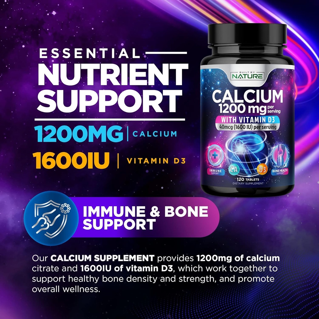 Calcium 1200mg with Vitamin D3 for Best Absorption - Advanced Bone Support Supplement, 1200 mg Calcium Carbonate & 1600 IU Vitamin D3, Slow Release for Immune Support, Easy to Swallow, 120 Tablets 5