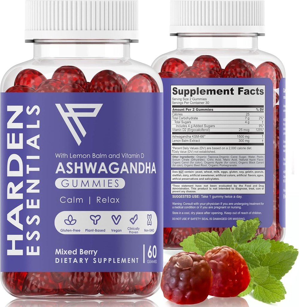 KSM-66 Ashwagandha Gummies w/Lemon Balm & Vitamin D (Max Strength 750mg per Gummy) - Herbal Vegan & Gluten Free - Calm Mood Relaxation - Support Stress - Gummies for Adults Kids Women Men (60 Count) 2