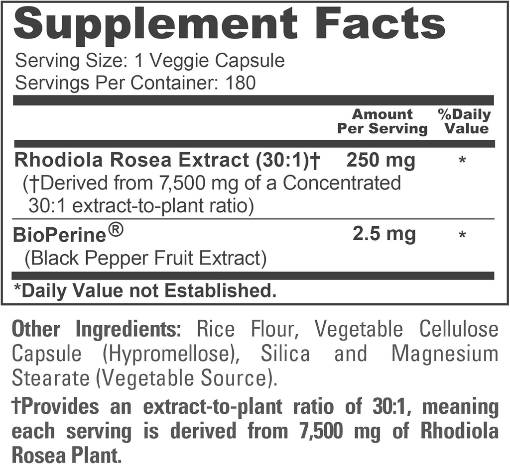 NusaPure Rhodiola Rosea 7,500mg 180 Veggie Capsules (Non-GMO, Extract 30:1, Vegan & Gluten-Free) Bioperine 5