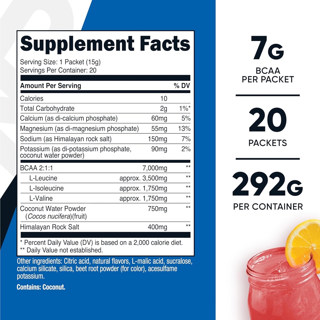 Nutricost BCAA+ Hydration Raspberry Lemonade (20 Stickpacks) - Branched Chain Amino Acids with Hydration Complex - Gluten-Free, Non-GMO 3