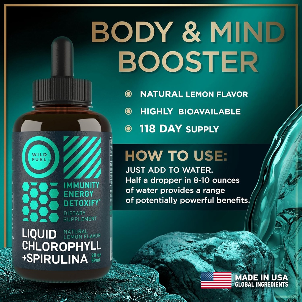 Liquid Chlorophyll Drops with Spirulina for Water - Full Strength Energy, Wellness, Immune Support Supplement - 50mg Chlorophyll Liquid, 12.5mg Spirulina - Lemon Flavor Detox Drink - 2oz, 118 Servings 3