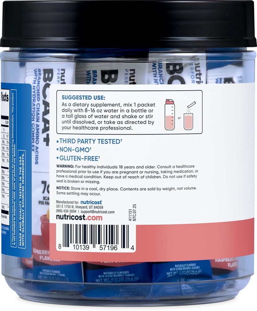 Nutricost BCAA+ Hydration Raspberry Lemonade (20 Stickpacks) - Branched Chain Amino Acids with Hydration Complex - Gluten-Free, Non-GMO 5