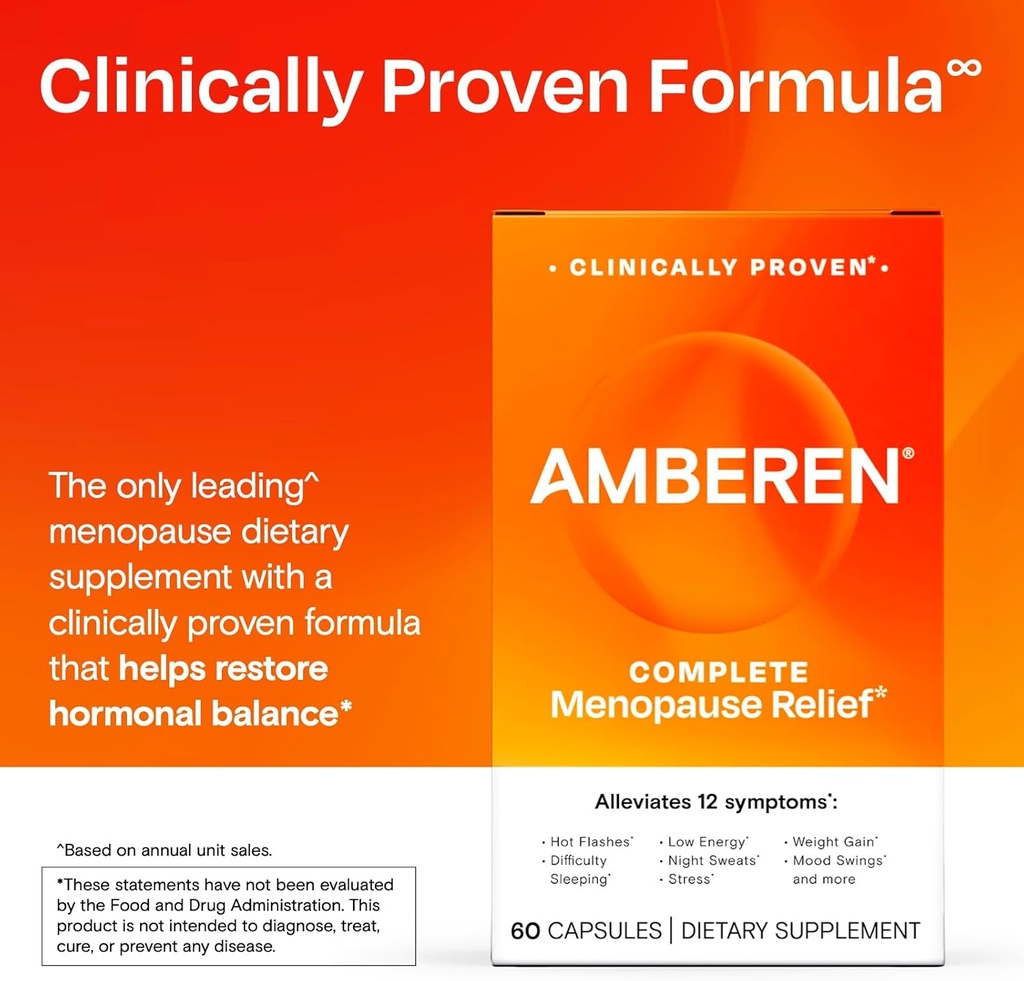 Amberen Menopause Supplement for Women, 60 Capsules, Clinically Proven, Helps Support Hormone Balance, Helps Relieve 12 Menopause Symptoms: Hot Flashes, Night Sweats, Mood Swings and More 6
