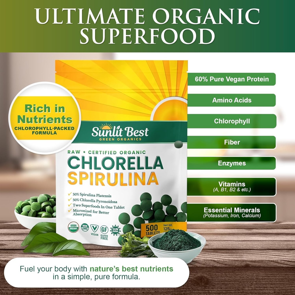 Sunlit Best Chlorella Spirulina Tablets - Organic USDA, Premium Spirulinas and Chlorella Capsules 500 Pills - Chlorellas Natural Superfood with Spirulina Algae, Enzymes Chlorophyll & Vegan Protein 3