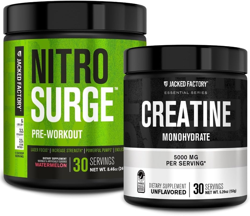 Jacked Factory NITROSURGE Pre-Workout Supplement - Intense Pumps (30 Servings, Watermelon) & Creatine Monohydrate Powder for Muscle Growth (30 Servings, Unflavored) 2