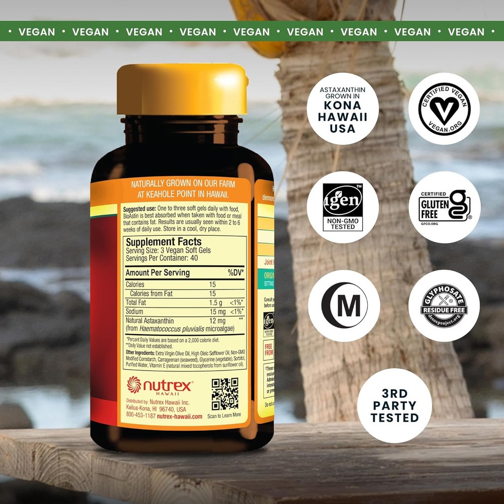 Nutrex Hawaii Vegan BioAstin Hawaiian Astaxanthin - 4mg, 120 Softgels - Farm-Direct Premium Antioxidant Supplement to Support Eye, Skin, Joint & Immune System Health - Vegan, Non-GMO & Gluten-Free 3