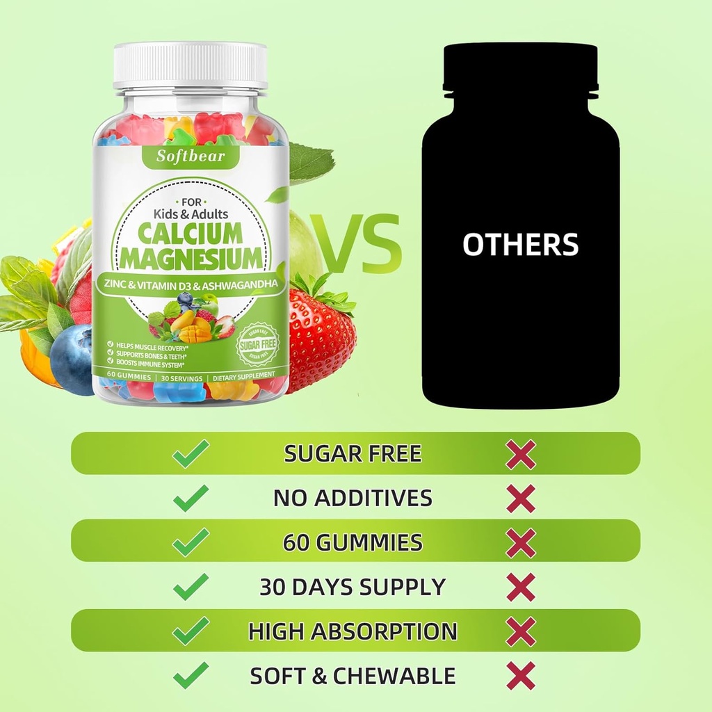 softbear Calcium Magnesium Zinc Gummies for Women, Calcium Magnesium Supplement with Vitamin D3 for Bone Strength, Vegan, Sugar-Free, Mixed Fruit Flavor 60 Count 6