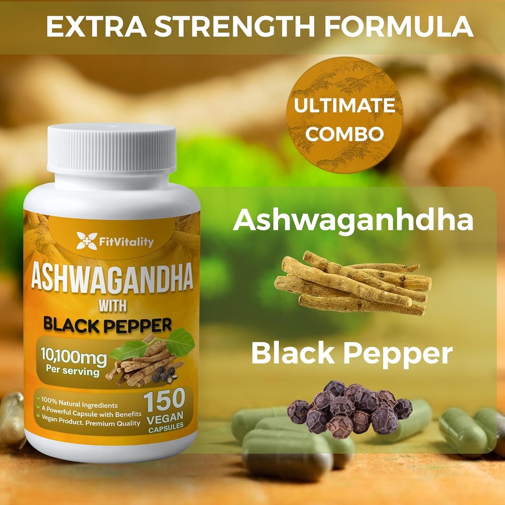 Ashwagandha Capsules, 150 Vegan Capsules, 10,100 Mg per Capsule – 100% Natural Ashwagandha Root Extract Powder and Black Pepper Extract, Non-GMO, Gluten-Free 3