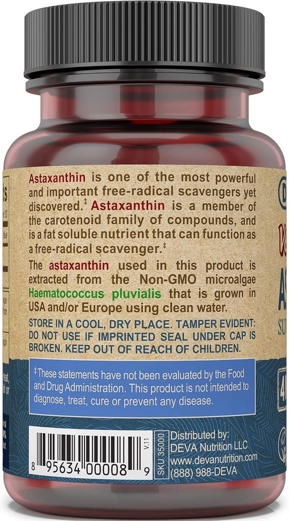 Deva Nutrition Vitamins Astaxanthin 4mg, Vegan, Made from Haematococcus Pluvialis Microalgae, 30 Capsules, 1-Pack 5