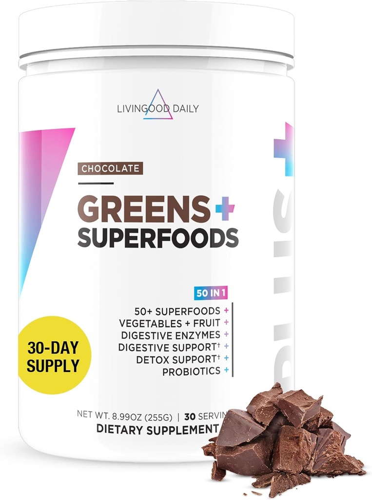 Livingood Daily Greens & Superfood Powder, Super Greens for Gut Health, Green Juice Powder with Spirulina, Chlorella, and Digestive Enzymes, Probiotics for Digestive Support, Chocolate, 30 Servings 2