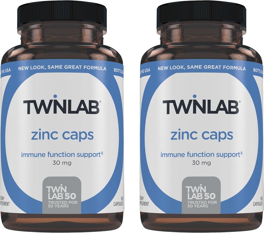 Twinlab Zinc Caps - Immune Support Supplement - Zinc Picolinate & Gluconate - Supplement for Immune Defense, Healthy Skin, DNA Synthesis, Metabolism and Growth - 30mg, 100 Caps - 2 Pack 2