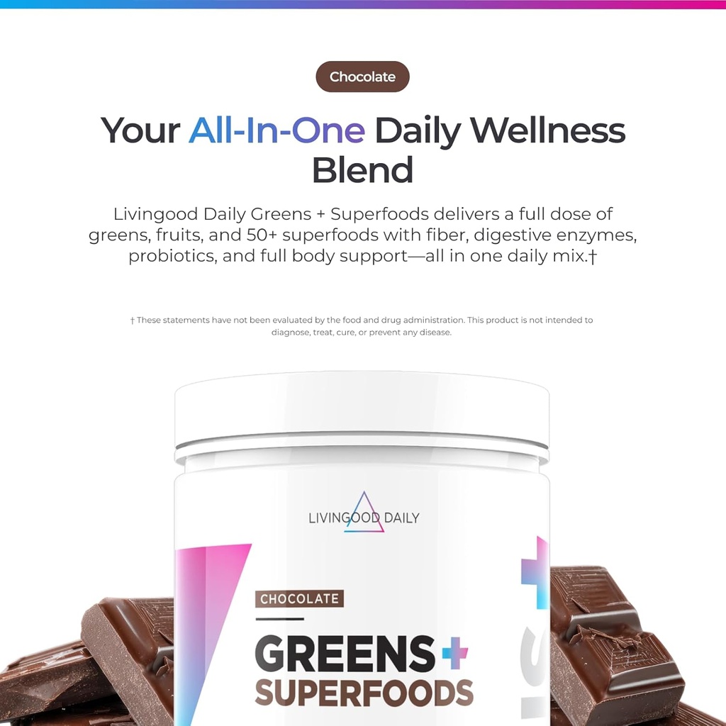 Livingood Daily Greens & Superfood Powder, Super Greens for Gut Health, Green Juice Powder with Spirulina, Chlorella, and Digestive Enzymes, Probiotics for Digestive Support, Chocolate, 30 Servings 3