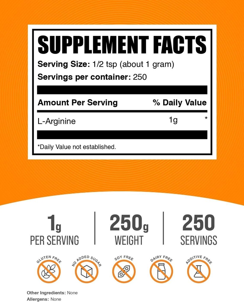 BulkSupplements.com L-Arginine Powder - Arginine Supplement, Nitric Oxide Supplement - Unflavored & Gluten Free, 1g per Serving, 250g (8.8 oz) (Pack of 1) 3