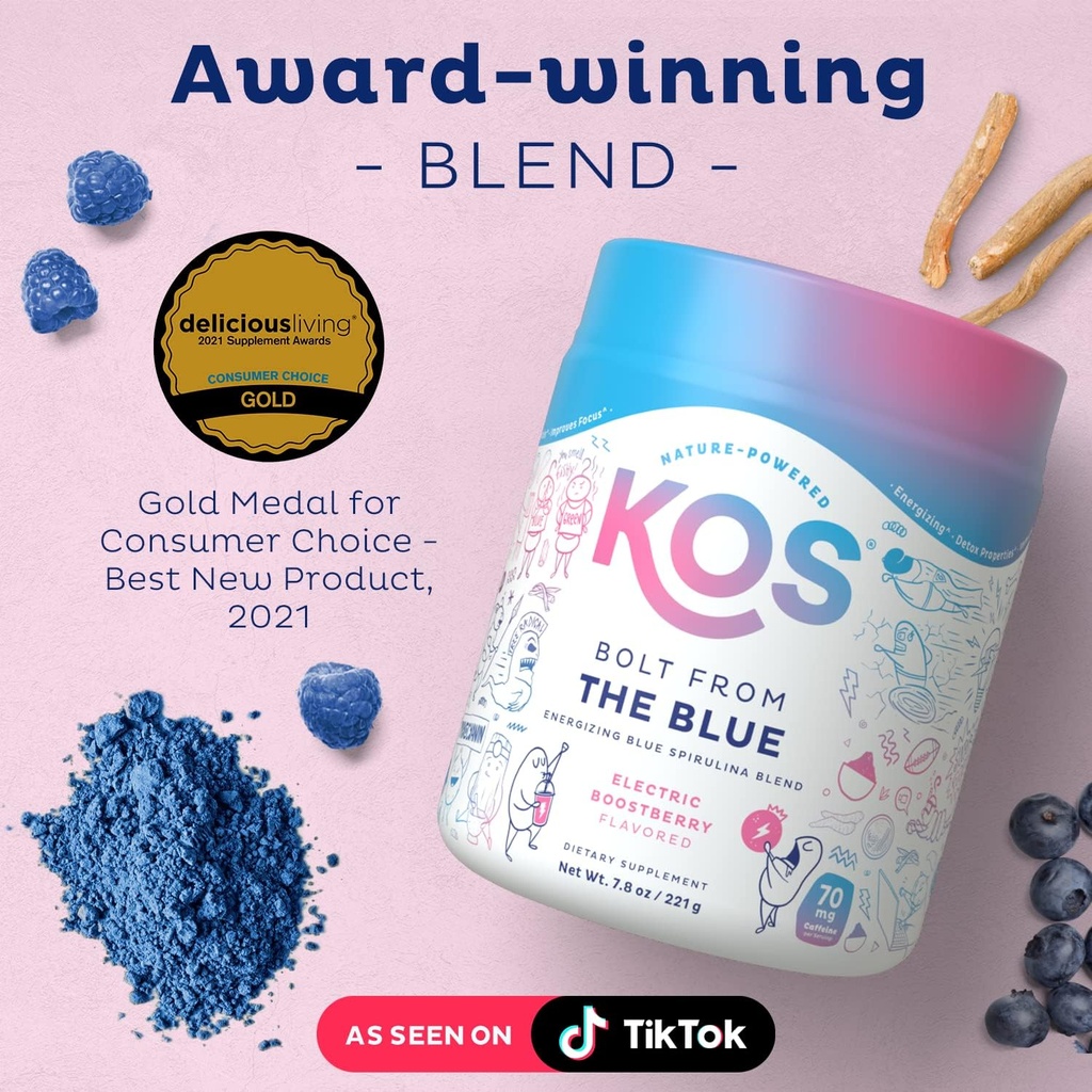 KOS Energizing Blue Spirulina Blend - USDA Certified Organic - B Vitamins, Ashwagandha, Ginseng, Adaptogens, Biotin - Vegan Pre Workout Powder - Caffeinated, Berry Flavored, 28 Servings 5