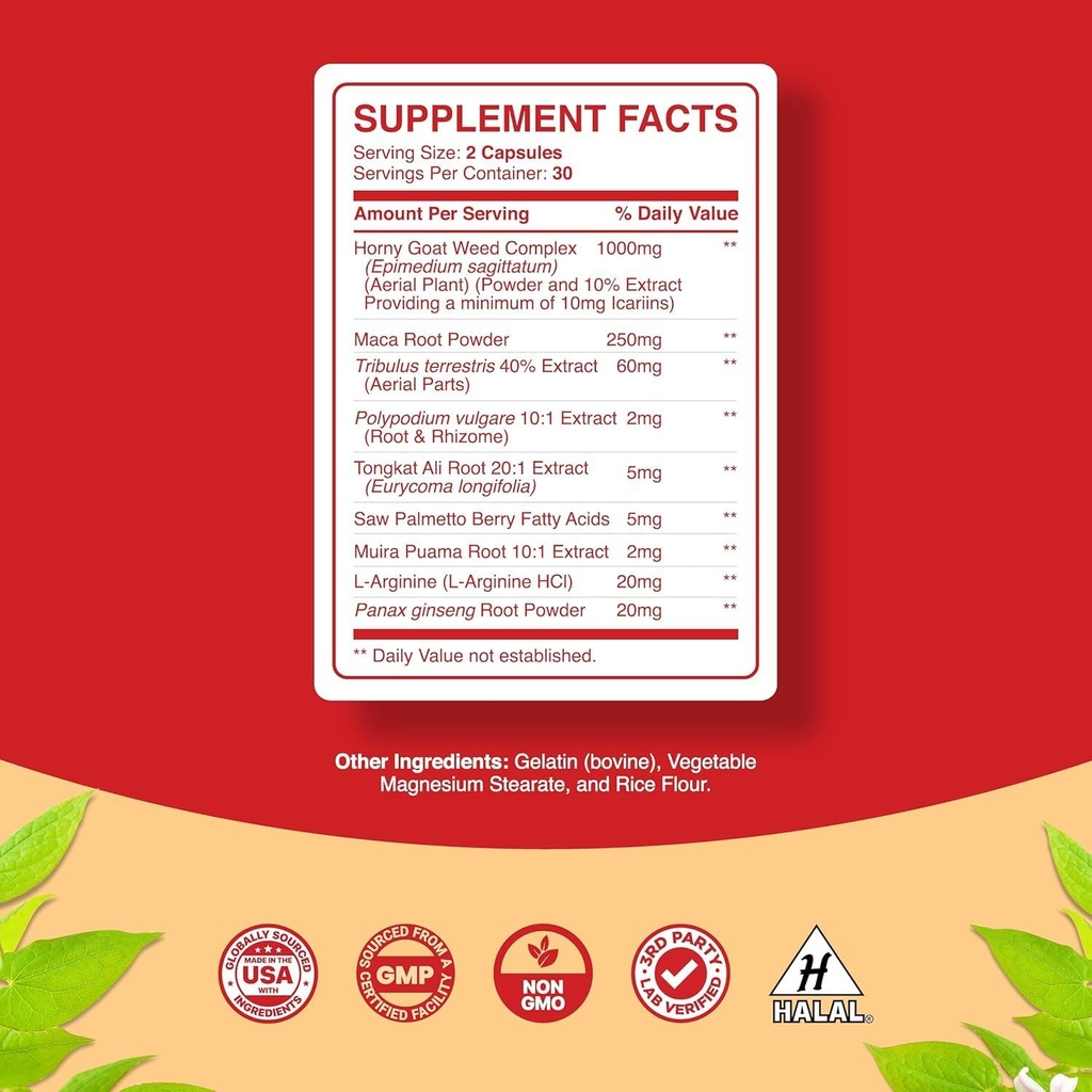 Pure Horny Goat Weed Extract with Maca Powder – Immune Support – Helps Increase Drive and Stamina – Booster for Men and Women Tongkat Ali Plus L-Arginine Increases Energy – 60 Capsules 4