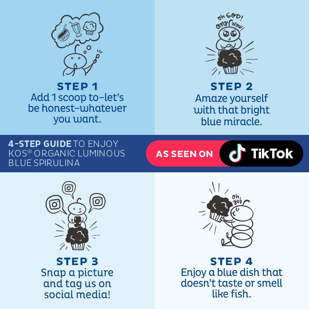 KOS Energizing Blue Spirulina Blend - USDA Certified Organic - B Vitamins, Ashwagandha, Ginseng, Adaptogens, Biotin - Vegan Pre Workout Powder - Caffeinated, Berry Flavored, 28 Servings 6