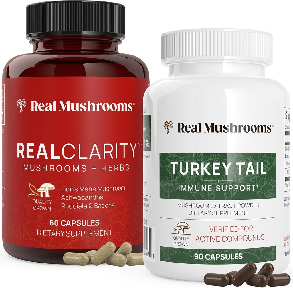 Real Mushrooms RealClarity (60ct) and Turkey Tail (90ct) Capsules Bundle - Mushroom Supplement for Mental Clarity, Focus & Immune Support - Vegan, Non-GMO, Verified Levels of Beta-Glucans 2