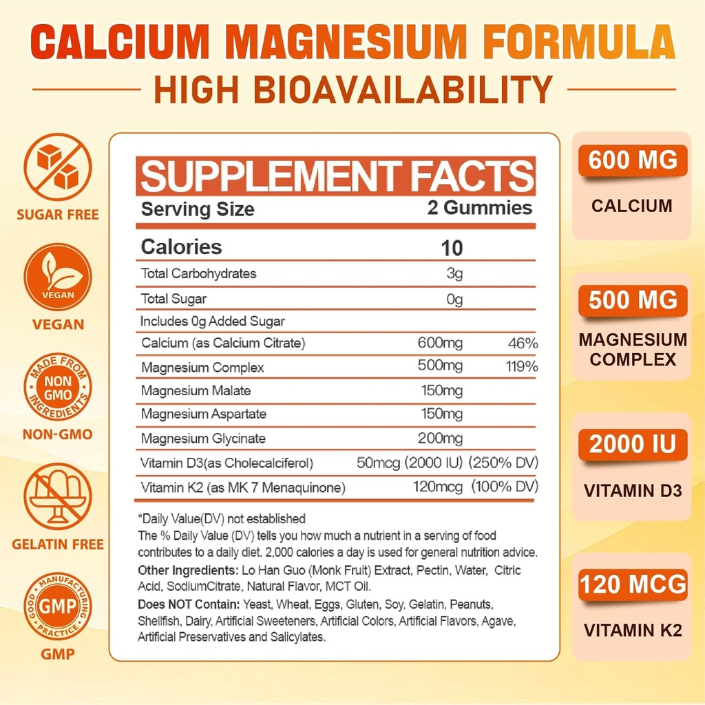 Calcium Magnesium Supplement Gummies for Adults: Calcium Citrate 600 mg with Vitamin D3 & K2 for Women Men - Supports B0ne Strength, Better Zzz, Muscles, Energy & Immune (120 Count) 3