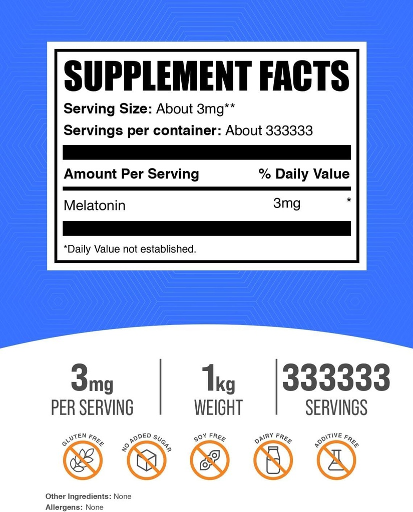 BulkSupplements.com Melatonin Powder - Pure Melatonin, Sleep Aid for Adults - Vegan & Gluten Free, 3mg per Serving, 1kg (2.2 lbs) (Pack of 1) 3