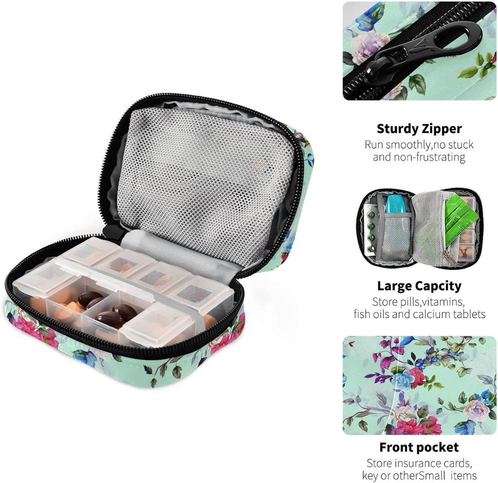 Watercolor Tropical Flower Pill Box 7 Day Pill Case Bag Travel Pill Organizer Bag with Zipper Portable Weekly Case Compact Size for Vitamin Supplement Holder 5