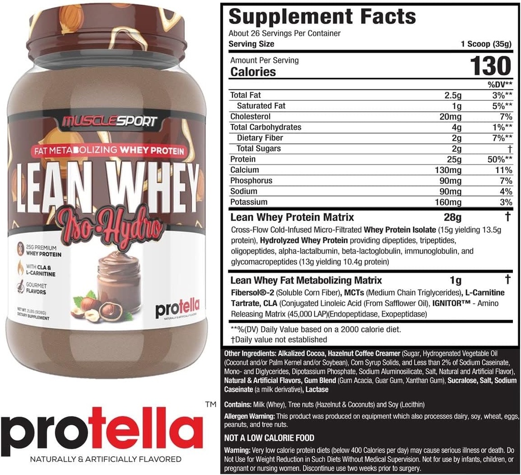Musclesport Lean Whey Revolution™ Protein Powder - Whey Protein Isolate - Low Calorie, Low Carb, Low Fat, Incredible Flavors - 25g Protein per Scoop - 2lb Protella 3
