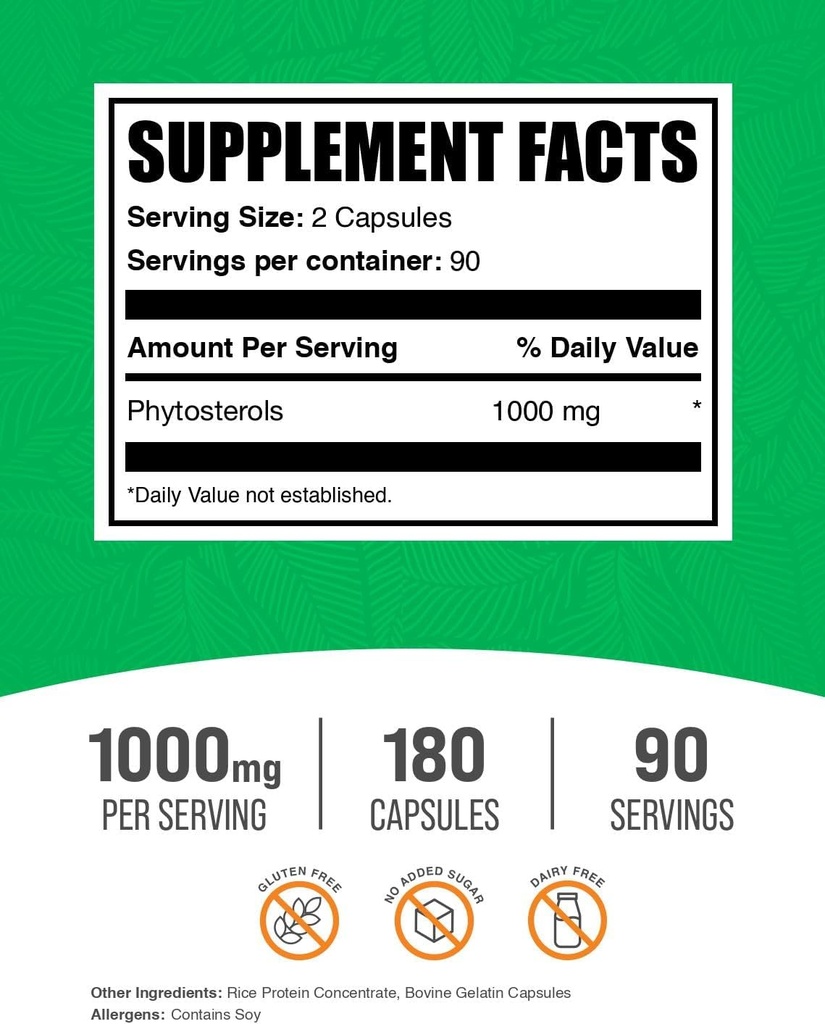 BulkSupplements.com Phytosterols Capsules - Phytosterols Supplement, Beta Sitosterol Capsules, Phytosterol 1000mg - Gluten Free, 2 Capsules per Serving, 180 Capsules (Pack of 1) 3