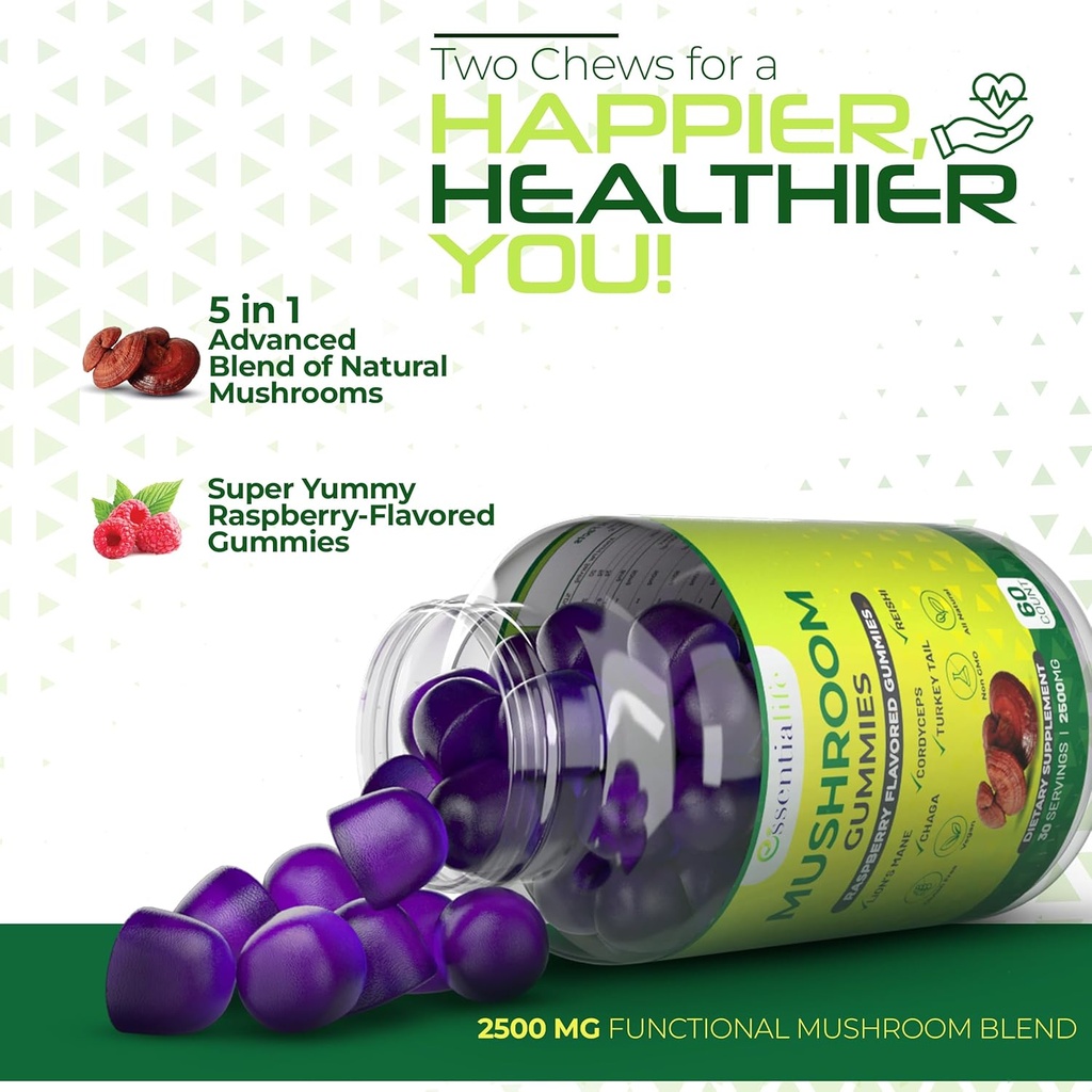 Essentialife Lions Mane Mushroom Supplement | 5-in-1 Mushroom Gummies with Turkey Tail, Cordyceps, Reishi, Chaga Extract | Brain Focus and Immune Support for Women Men, Raspberry Flavor, 60 ct 4