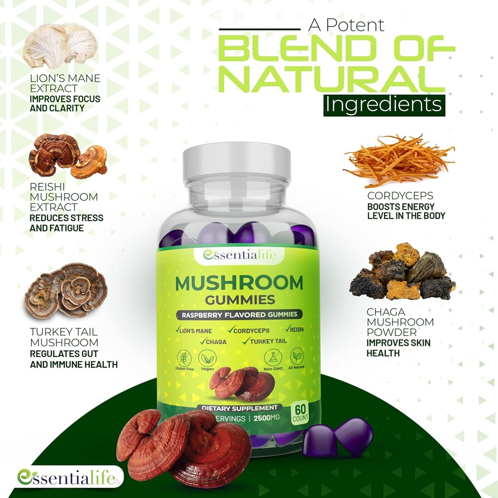 Essentialife Lions Mane Mushroom Supplement | 5-in-1 Mushroom Gummies with Turkey Tail, Cordyceps, Reishi, Chaga Extract | Brain Focus and Immune Support for Women Men, Raspberry Flavor, 60 ct 5