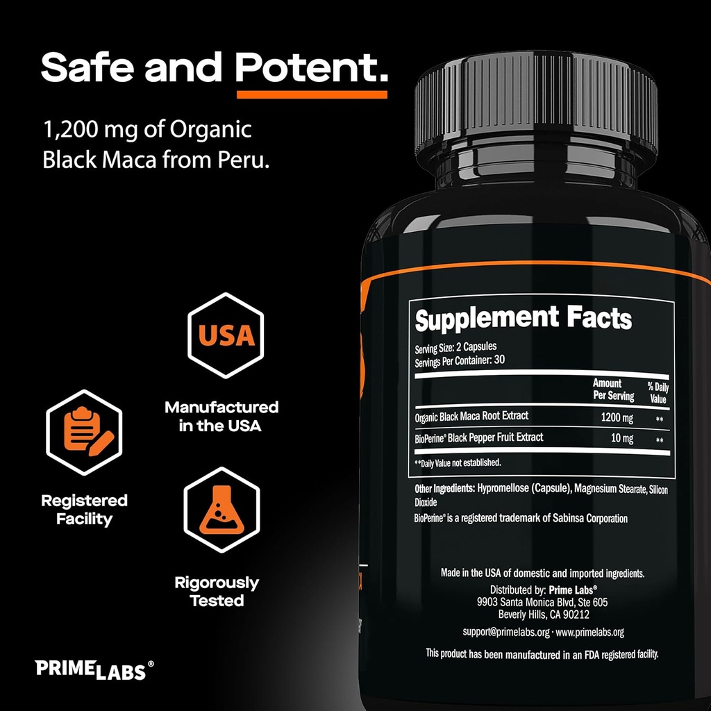 Prime Labs Organic Black Maca Root Capsules 1,200mg - Stamina, Drive, Energy, Vitality - Peruvian 20:1 Extract - for Men & Women - 60 Count 6