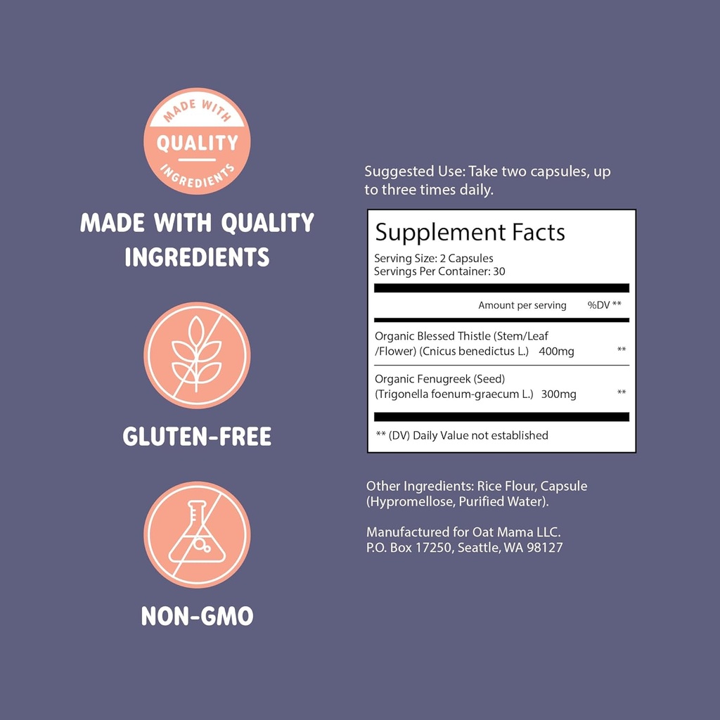 OAT MAMA Organic Lactation Supplement - 'Slay Mama' Blessed Thistle & Fenugreek Capsules - Herbal Lactation Blend, Postpartum Support for Breastfeeding Moms 4